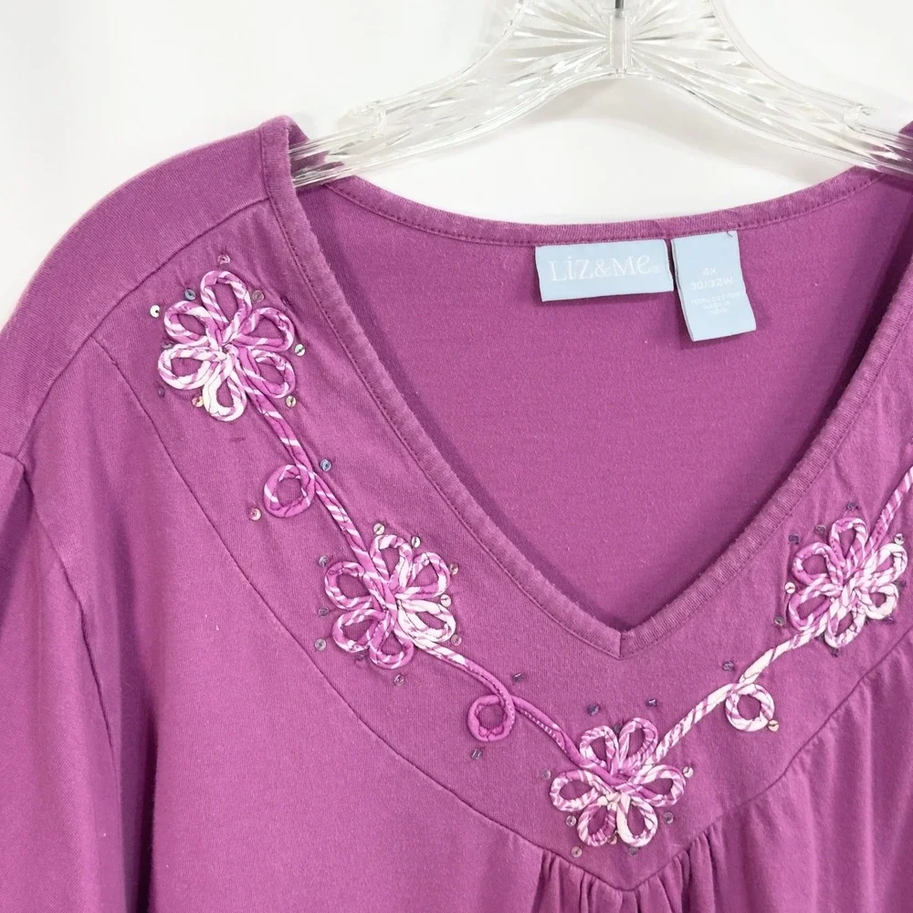 Liz & Me Plus Size 30W 32W Top 4X‎ Purple Floral Top V Neck Short Sleeve 350
